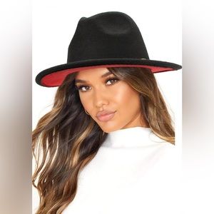 Fedora Two Tone Wide Brim Faux Wool Felt Hat Black/Red Bottom